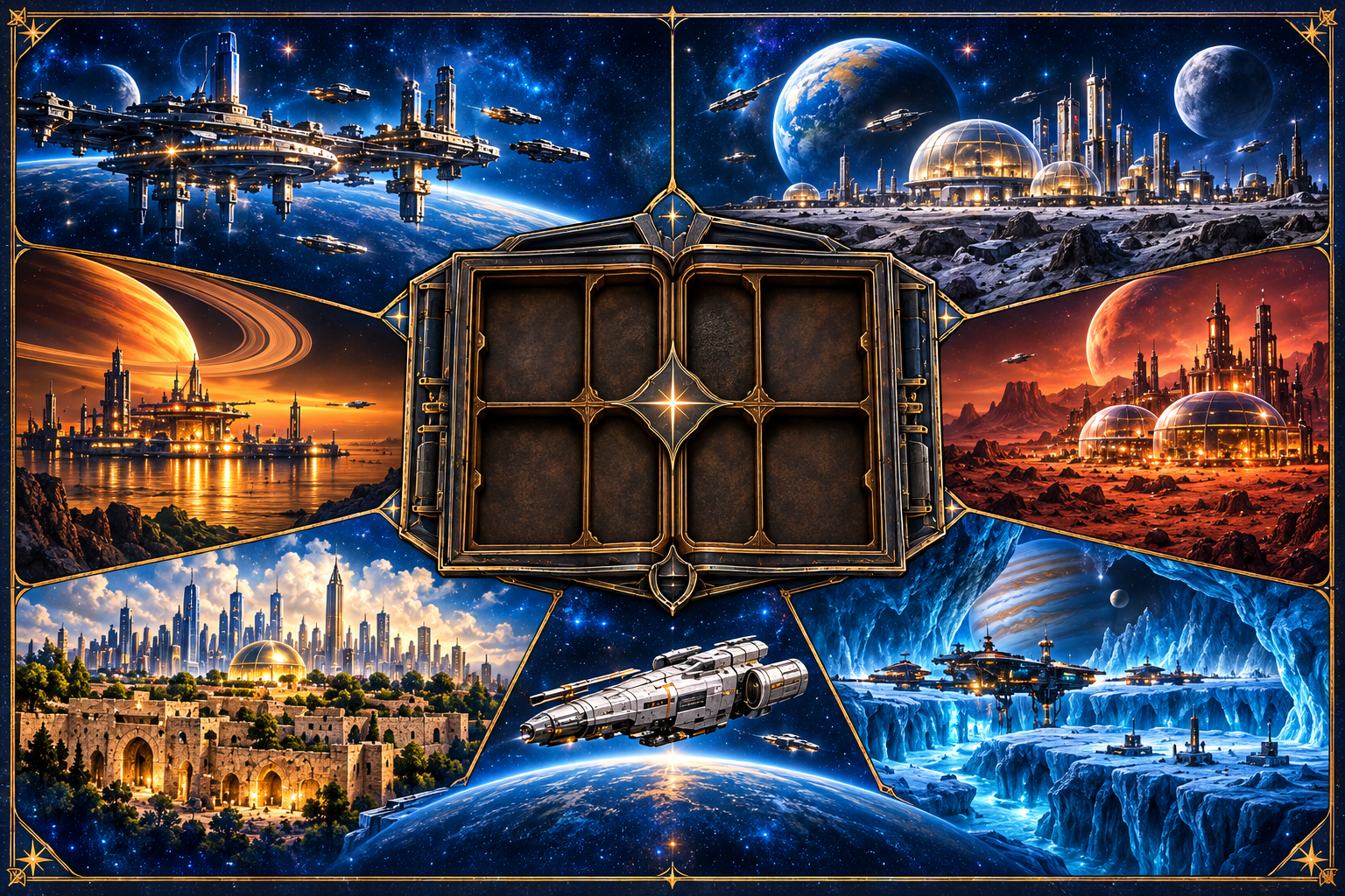 The Last Disciple illustrated board: six worlds surrounding an open Bible and the Starship Church