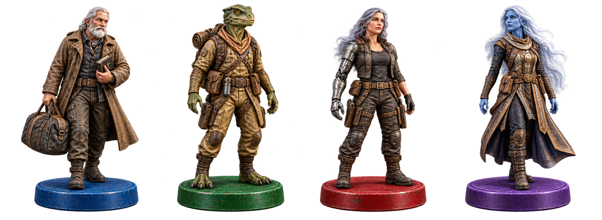 John, Karesh, Sera, and Lys, the four playable character figures