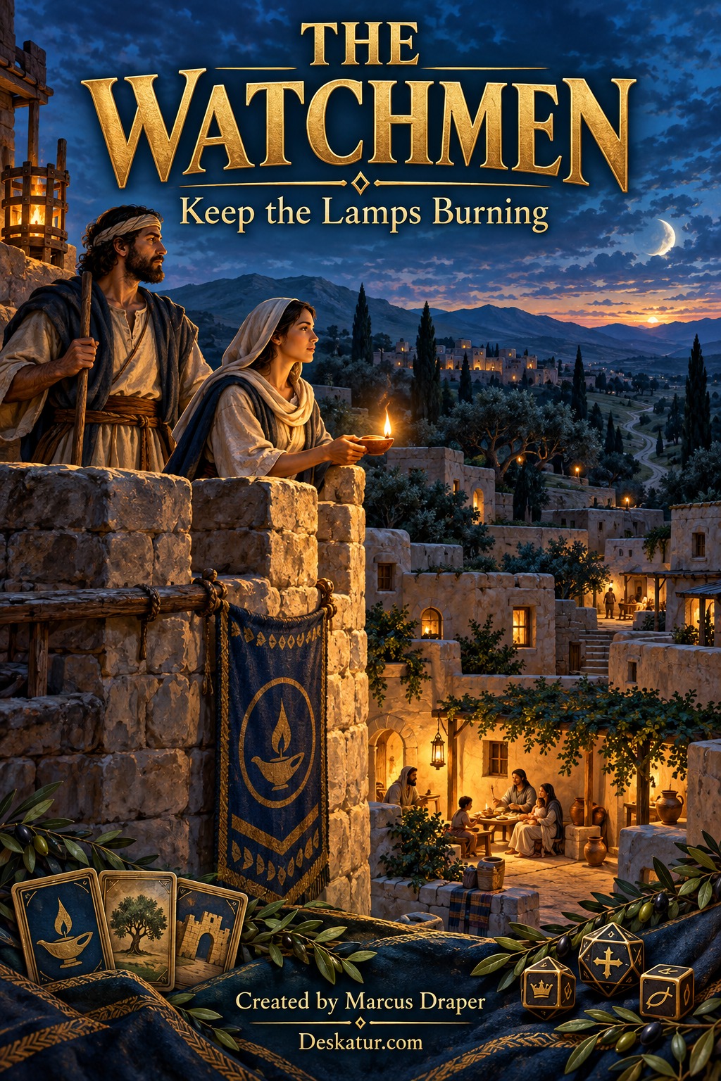 Watchkeepers overlooking a lamplit village